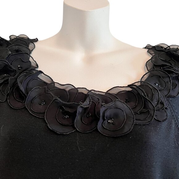 Talbots Silk Blend Luxury Flower Petals Rhinestones Black Blouse Sweater Top L - Picture 1 of 7